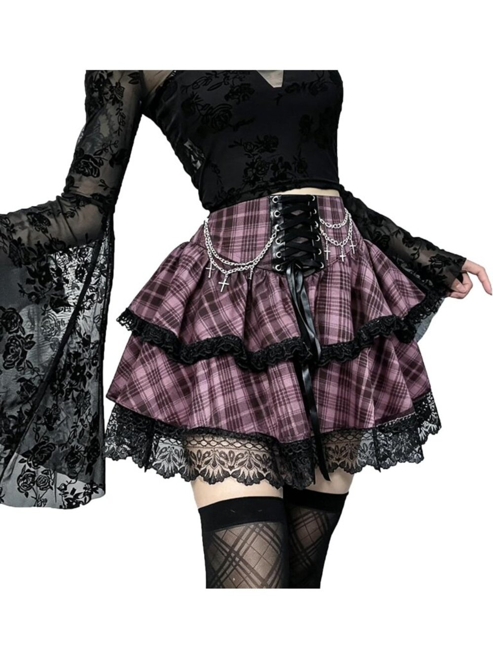 Gothic Mini Skirt for Women - Y2K Lace-Up Ruffle High Waist Punk Emo Style